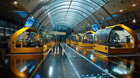 A glimpse into a modern industrial facility showcasing advanced robotic machinery. The sleek design emphasizes automation and innovation in a futuristic workspace.の素材