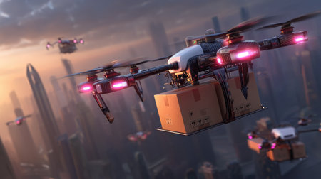 A stunning scene depicting advanced delivery drones soaring above a modern city skyline at sunset, showcasing the integration of technology in logistics and transportation.の素材