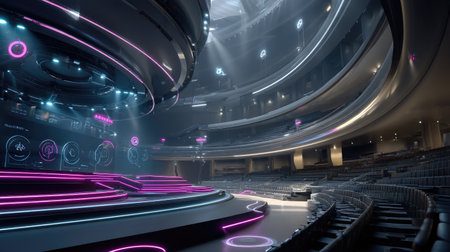 This image captures a spacious and futuristic auditorium featuring sleek neon lighting and an empty seating area, ideal for innovative events or presentations.の素材