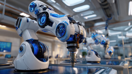 This image features an advanced robotic arm with blue accents in a modern industrial setting, symbolizing cutting-edge automation technology in manufacturing.の素材