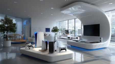 This image showcases a modern gaming room featuring sleek console displays, stylish furniture, and a bright and organized space perfect for entertainment and relaxation.の素材