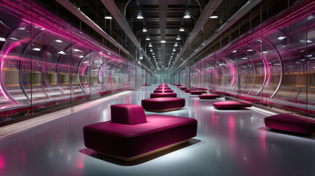 A striking futuristic lounge featuring vibrant pink lighting and modern seating arrangements, creating an inviting yet sophisticated atmosphere for relaxation and creativity.の素材
