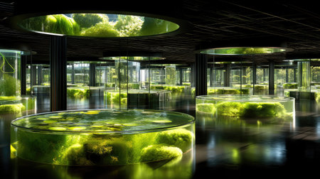 A stunning exhibition space featuring lush greenery and tranquil water, creating a serene aquatic habitat in a modern architectural setting.の素材