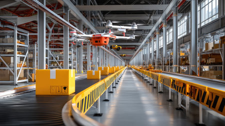 A high-tech drone navigates a bustling warehouse filled with automated systems and packages moving on a conveyor belt, showcasing innovative logistics solutions.の素材