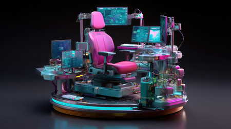 This vibrant image showcases a futuristic gaming chair integrated with high-tech equipment, neon accents, and multiple displays, ideal for immersive experiences.の素材