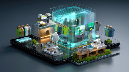 This image showcases a virtual retail store concept, blending modern design with digital technology. It features clothing displays, vibrant merchandise, and a sleek environment that highlights innovation in shopping experiences.の素材