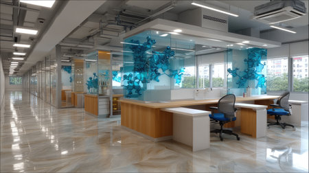 Contemporary office space featuring sleek design with glass partitions and blue artistic decor, promoting a collaborative and productive environment for professionals.の素材