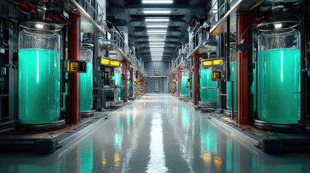 A high-tech laboratory interior showcasing large glass tanks filled with bright blue liquid, illuminated by ambient lighting, designed for innovative research.の素材