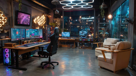 This image showcases a modern gaming setup featuring multiple monitors, a comfortable chair, and stunning ambient lighting in a futuristic interior.の素材