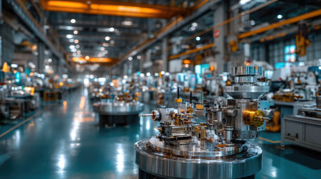 A spacious industrial manufacturing facility with advanced machinery and high-tech equipment. Bright, modern environment emphasizes innovation and productivity.の素材
