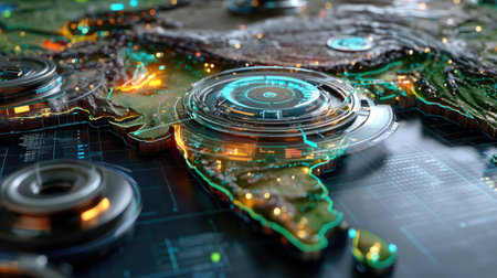 This captivating image features a futuristic map of Asia with vibrant digital overlays, combining elements of technology and geography in a visually striking manner.の素材