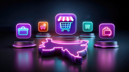 A captivating collection of neon icons representing shopping and retail concepts, perfect for illustrating e-commerce themes in modern digital media.の素材