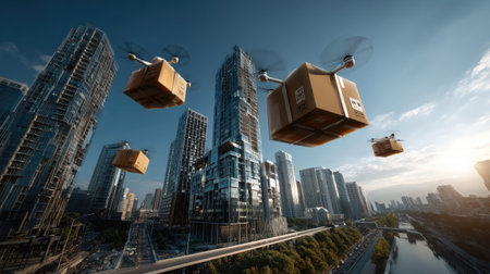 A stunning aerial view of modern city life featuring delivery drones transporting packages over sleek skyscrapers during a vibrant sunset.の素材