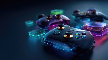 This image captures an artistic arrangement of futuristic gaming controllers glowing in vibrant colors. The effect highlights an innovative gaming environment, appealing to tech enthusiasts and gamers.の素材