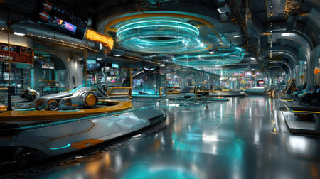 A stunning view of a futuristic high-tech laboratory showcasing advanced technology and sleek design elements, illuminated by vibrant neon lights.の素材
