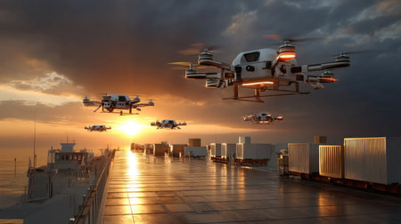 A breathtaking scene of drones taking flight over a busy shipping dock at sunset, showcasing modern transportation technology in logistics and industry.の素材
