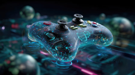 This image showcases a futuristic gaming controller with stunning digital effects, set against a high-tech background, perfect for gaming and technology themes.の素材