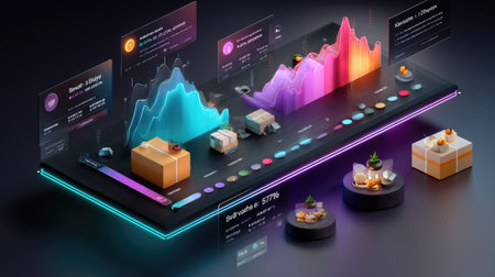 Engaging 3D visualization showcasing colorful graphs and data analytics elements. This modern digital interface promotes insights into performance metrics and trends.の素材