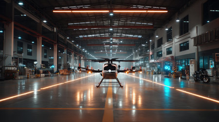 A futuristic helicopter stands prominently in an expansive industrial hangar, illuminated by vibrant lighting, showcasing modern aviation technology.の素材