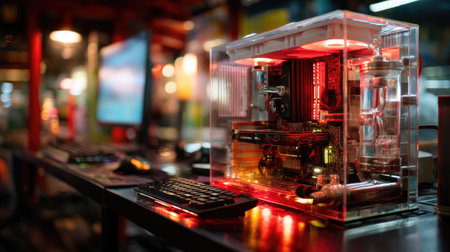 A vibrant office scene featuring a cutting-edge computer with colorful lighting, highlighting modern technology and innovative design elements in a workspace.の素材