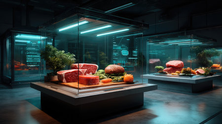 A high-tech butchery display featuring premium beef cuts, illuminated in a modern environment with blue lighting, showcasing fresh ingredients and plants.の素材