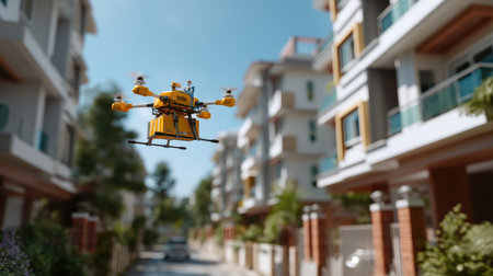 A yellow delivery drone hovers over a residential area with modern buildings under a clear blue sky, symbolizing innovation and the future of transportation.の素材
