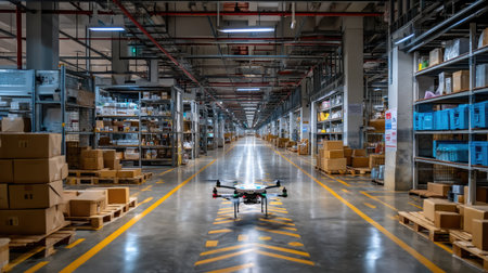 A drone is positioned within a modern warehouse, showcasing the integration of technology in inventory management and logistics operations. This image illustrates the efficient workflow and advanced systems used in todayの素材