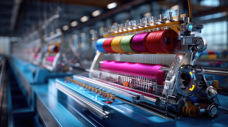 Close-up view of a modern embroidery machine in a textile factory, showcasing vibrant threads and advanced technology in action for fabric design.の素材