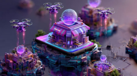 A stunning representation of a futuristic floating marketplace illuminated by neon lights, featuring drones and holographic elements, set in a vibrant digital landscape.の素材