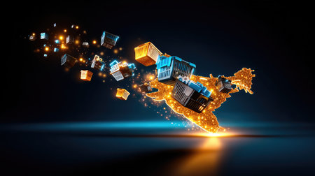 A captivating digital representation showcasing the evolution of supply chain and logistics in India, featuring glowing cargo boxes and a map backdrop.の素材