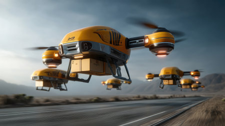A fleet of bright yellow delivery drones glides above a barren desert landscape, illustrating cutting-edge technology and modern logistics solutions in action.の素材