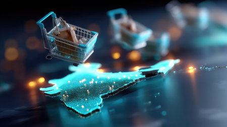 This image features a high-tech representation of India, highlighted by shopping carts, symbolizing the rapid growth of e-commerce and digital retail in modern markets.の素材