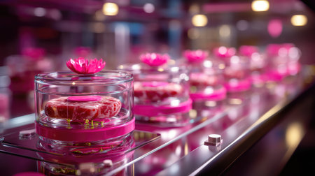 This striking image showcases gourmet meat elegantly presented in glass containers. Accented with pink flowers, it invites culinary enthusiasts to indulge in luxury dining.の素材