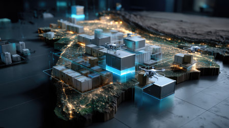 A high-tech digital map revealing an urban area with advanced logistics systems, highlighting drone usage and modern infrastructure for future development.の素材
