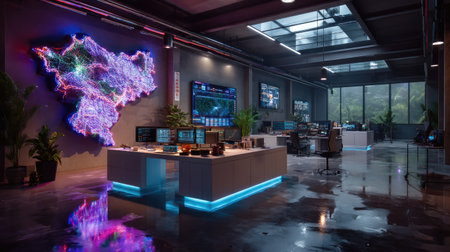 A contemporary office setting featuring neon lights and sleek workstations, designed to inspire creativity and productivity in a modern workspace.の素材