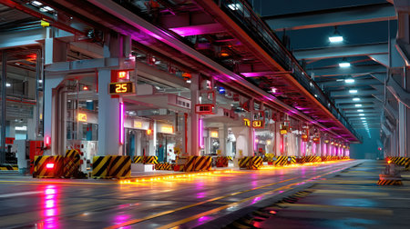 A vibrant industrial warehouse scene featuring futuristic neon lighting, reflections on a wet floor, and a lively atmosphere, ideal for modern design inspiration.の素材