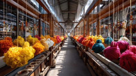 A visually striking textile workshop filled with colorful yarn spools suspended in a spacious environment, showcasing the artistry and craftsmanship involved in textile production.の素材