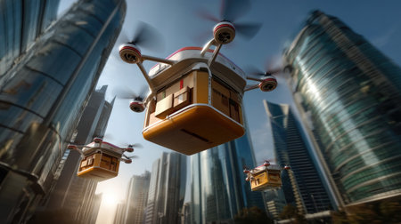 A striking image of delivery drones flying over towering skyscrapers in a modern urban environment. This scene captures the essence of innovation in delivery technology, showcasing the intersection of architecture and digital services.の素材