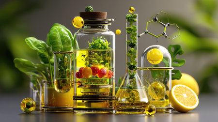 A captivating arrangement of vibrant green plants, fresh lemons, and scientific glassware creates a stunning visual representation of natural wellness and creativity.の素材