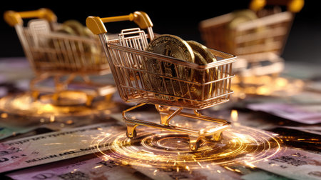 This striking image showcases golden shopping carts filled with bitcoins, against a backdrop of banknotes, illuminated by a digital glow. Perfect for finance concepts.の素材
