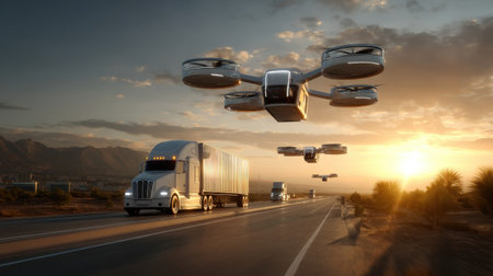 This image captures a futuristic scene of drones flying alongside trucks on an open highway during sunset, showcasing the evolution of transportation technology.の素材