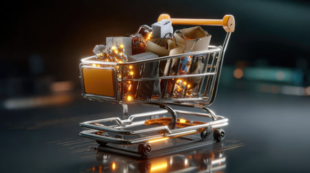A shopping cart brimming with various gifts and illuminated by bright lights, symbolizing the joy of shopping during the festive season in a contemporary setting.の素材