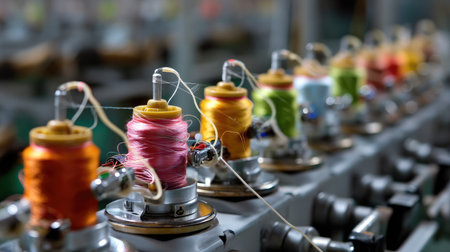 A close-up view of colorful spools of thread on industrial machines within a textile manufacturing facility, showcasing the craft of weaving and sewing.の素材