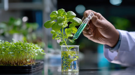 A researcher is conducting an experiment on plant growth in a laboratory, using a test tube filled with green liquid. The image showcases innovation in scientific analysis.の素材