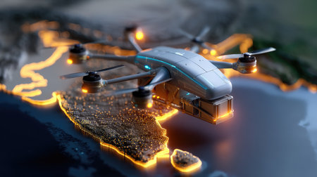 This image portrays a futuristic drone equipped with a logistic container, hovering over a digital map of India, symbolizing advanced delivery systems and innovation in transportation.の素材