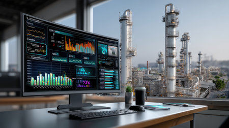 A sleek modern workspace featuring a computer with data analytics displayed on the screen, overlooking a large refinery plant. This image represents technology in industrial settings.の素材
