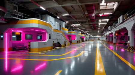 A spacious industrial warehouse featuring sleek lines and vibrant neon pink lighting offers a glimpse into a futuristic urban environment. The clean, modern design provides an innovative backdrop suitable for creative projects and technology-related themes.の素材