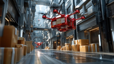 This image showcases a high-tech warehouse environment where drones efficiently transport packages, illustrating the future of automated logistics and urban delivery systems.の素材
