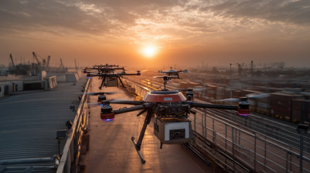 A stunning aerial view of drones flying over an industrial cityscape during sunset. Highlighted by a warm glow, the scene captures the intersection of technology and urban life.の素材