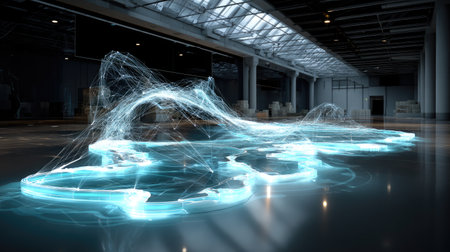 This striking image features a futuristic digital landscape with flowing light waves, set in a spacious industrial environment. The glowing design creates a sense of movement and energy, capturing innovation and creativity.の素材
